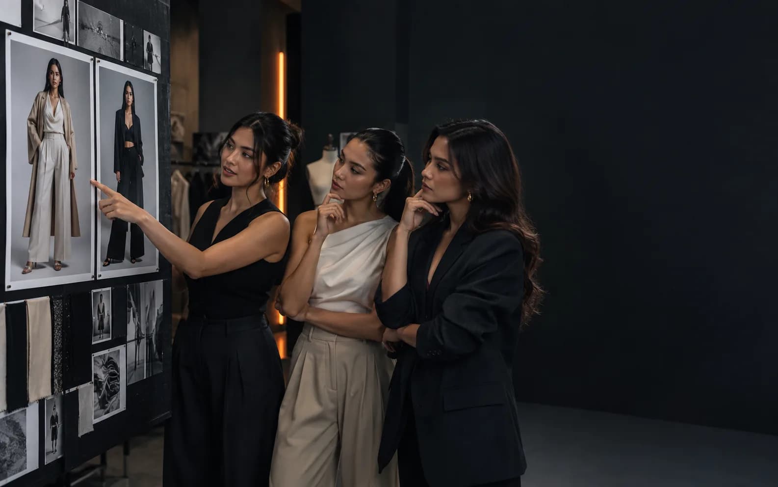 Three women comparing fashion looks on a studio wall